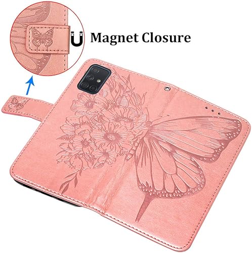 Miniatura 10 de Funda A51 para Samsung A51, función atril, correa de muñeca, ranuras para tarjetero, diseño floral de mariposa en relieve, funda protectora de piel