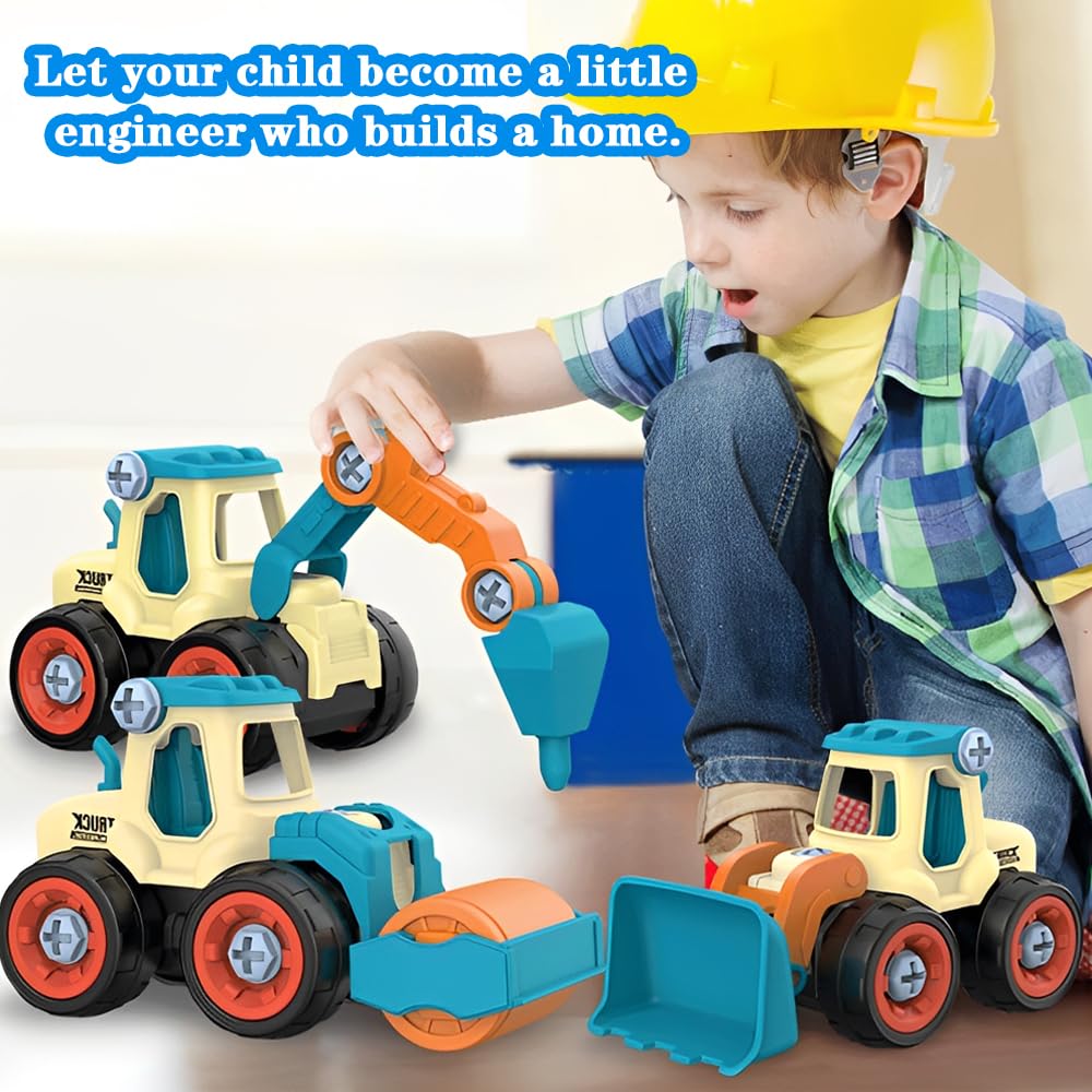Juguetes de Vehículos de Construcción 4 en 1 para Niños a Partir de 2 Años, Set de Excavadoras DIY con Destornillador, Desmontar Camión de Ingeniería para Niños, Niños