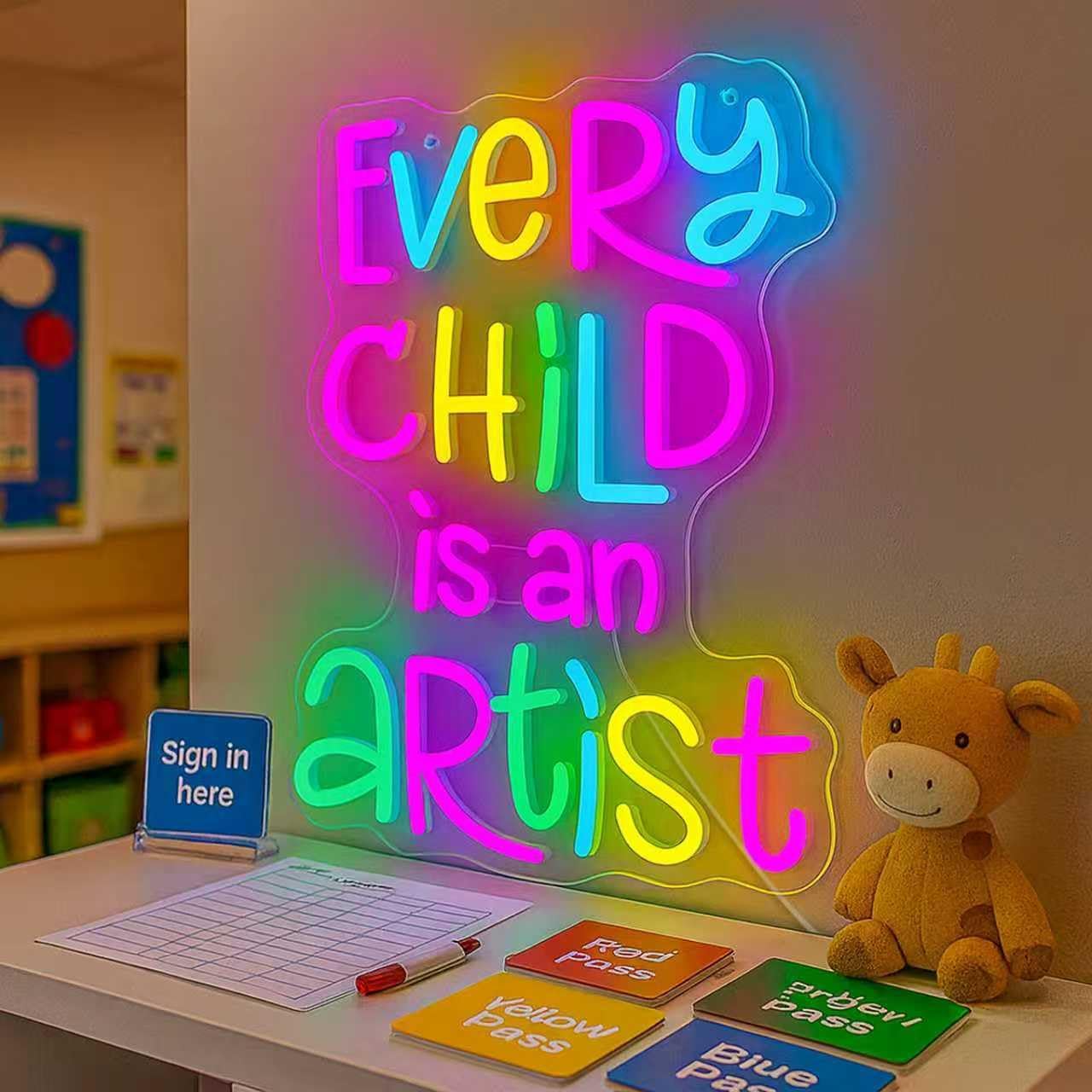 Every Child Is an Artist Neon Sign, Classroom Decor USB Powered Dimmable LED Word Light, Library Reading Corner & Home Study Wall Art, Teacher Gift, Easy Hang Acrylic Backboard - Image 9