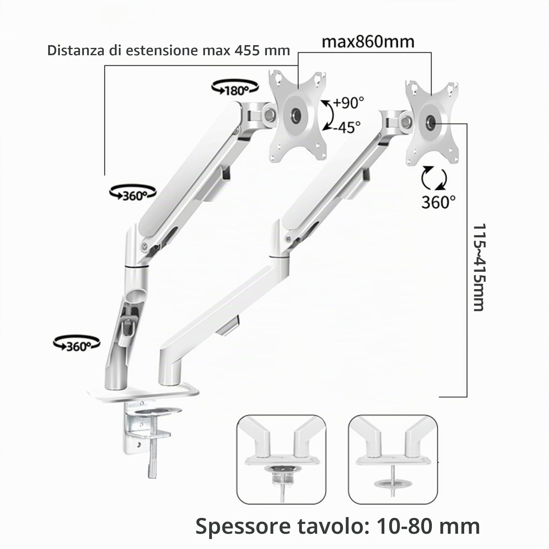 Bianco Supporto Doppio Monitor Scrivania 17-30 pollici Braccio Monitor Arm PC LED LCD Vesa 75 mm e 100 mm, 2-9kg, Molla a Gas, M22W
