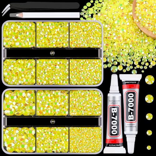 Resin Jelly Rhinestones for Crafting with B7000 Jewelry Glue 2 Boxes Lemon Yellow AB Flatback Crystals with 2Pcs 10ml Glue Bedazzling Non Hotfix Gems for DIY Tumblers Clothing Shoes Manicure