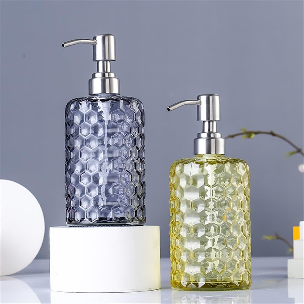 Dispenser di Sapone per Bagno, per casa/Hotel/Bagno, flacone in Vetro pressato per lozione, 500 ml, cilindrico Trasparente, Blu/Grigio/Verde/Giallo, Dispenser da Cucina (Blu)