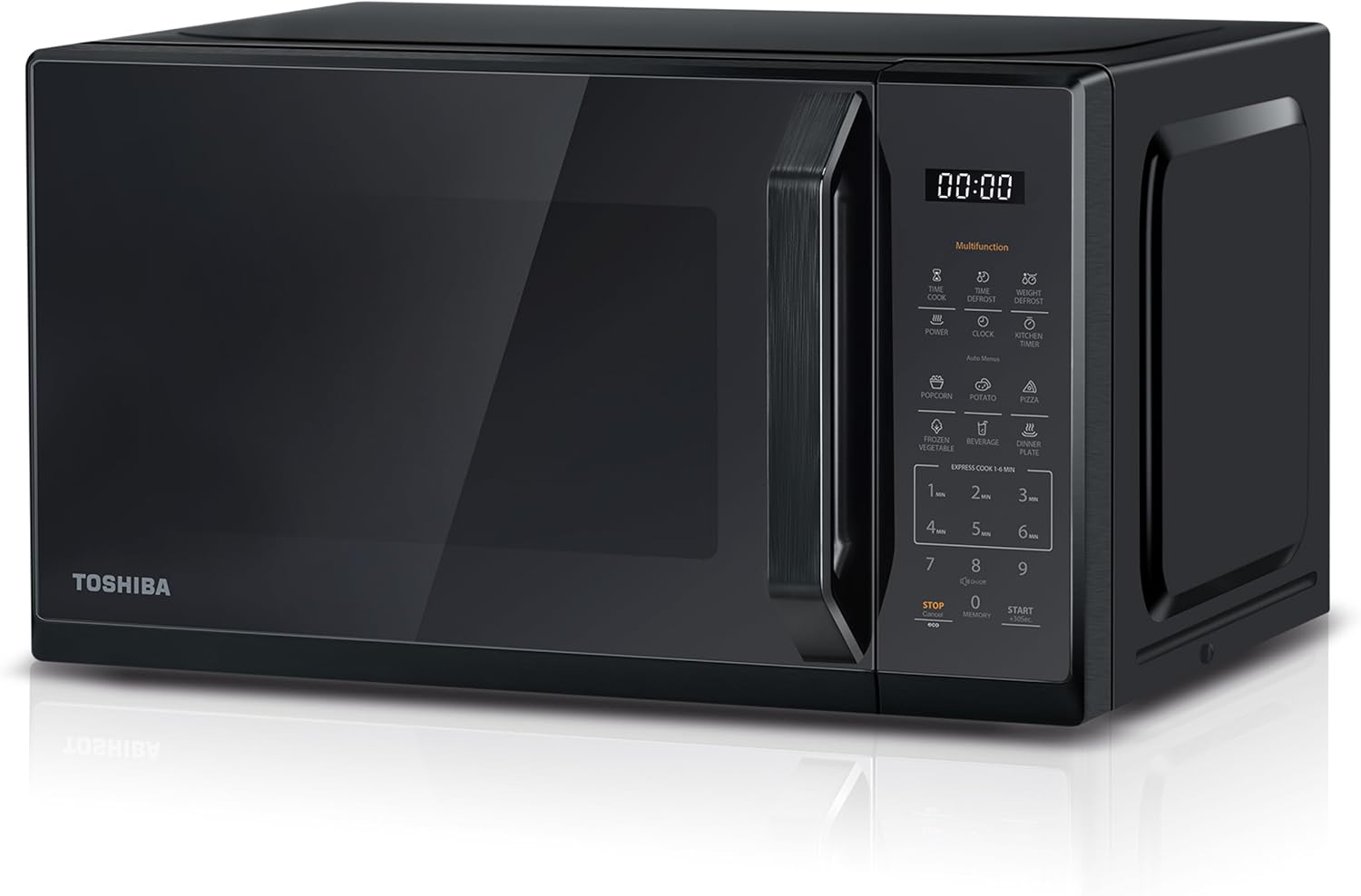 TOSHIBA Black Mirror Microwave 20Liter 800W Digital Solo Small Microwave With 11 Power Levels, One touch Express Cook with 6 Auto Menus, Defrost, Digital Display, Perfect for 9”pizza, MW3-EM20PF(MB)