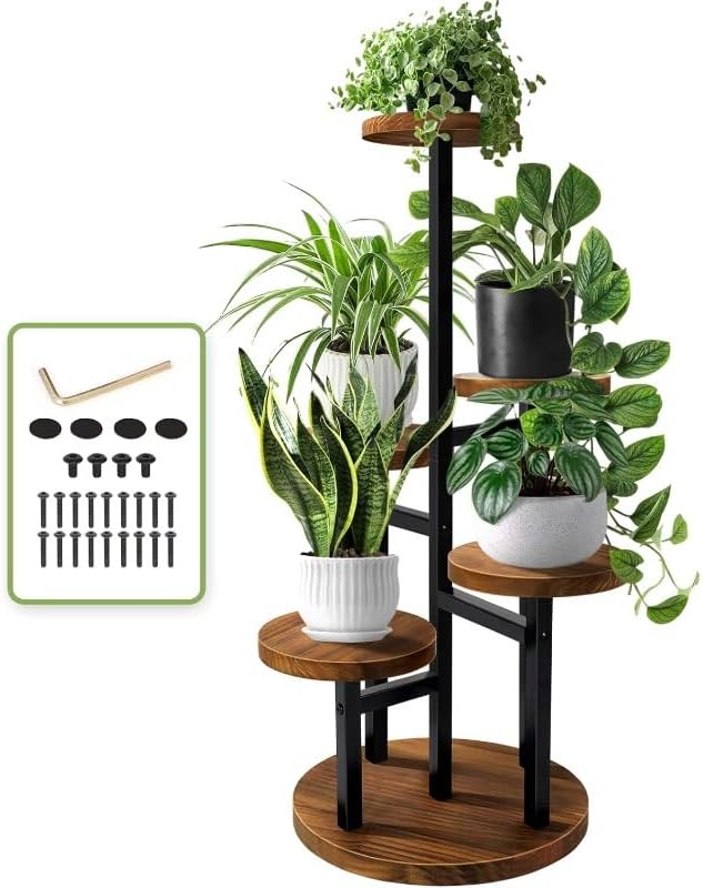 Flower pot stand 5 Tier Corner Plant Stand, Tall Metal Wood Shelf Holder for Indoor, Outdoor Display Rack Flower Pot