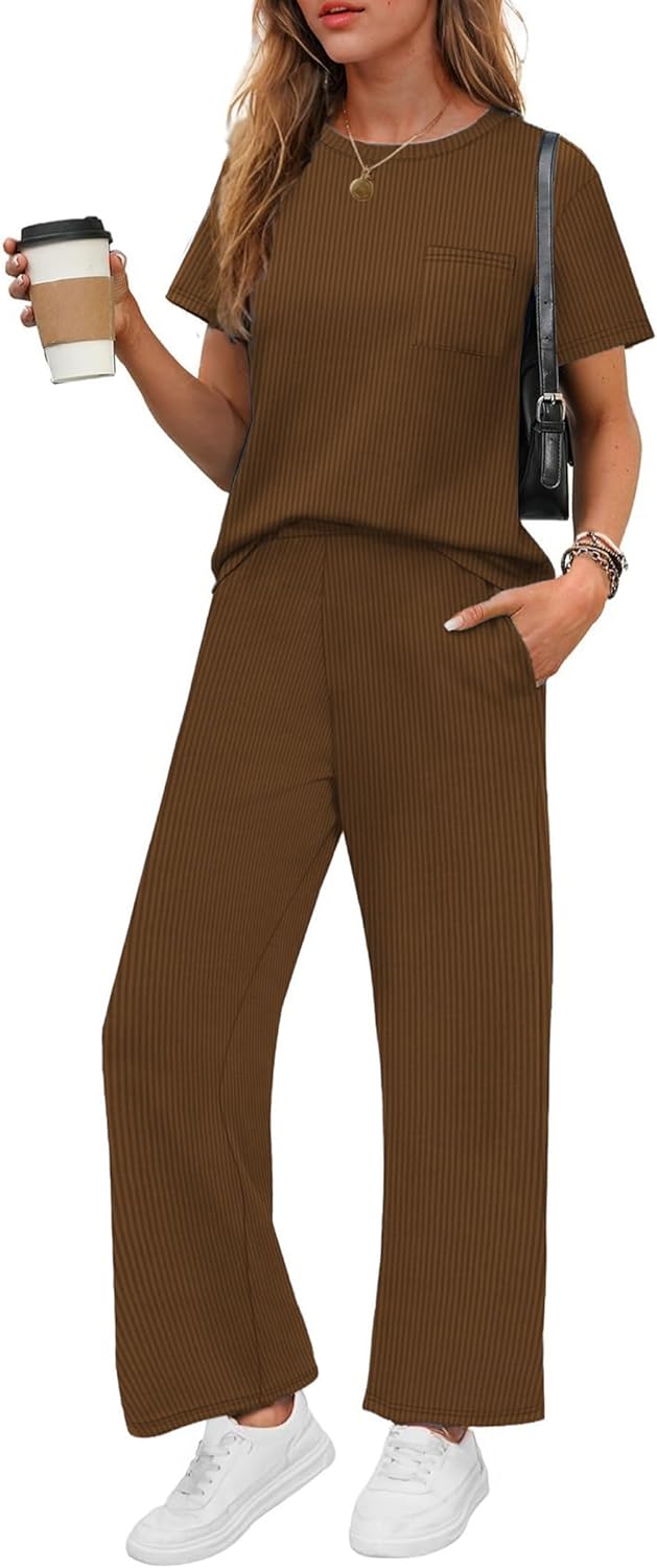 Ekouaer Womens Ribbed Knit Lounge Set Short Sleeve Top and Long Pants Soft Pajama Set 2 Piece Sleepwear with Pockets
