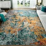 Washable Area Rug for Living Room: 5x7 Modern Abstract Neutral Soft Rug for Bedroom Dining Room No Slip Low Pile Carpet for Nursery Home Office - Teal/Orange