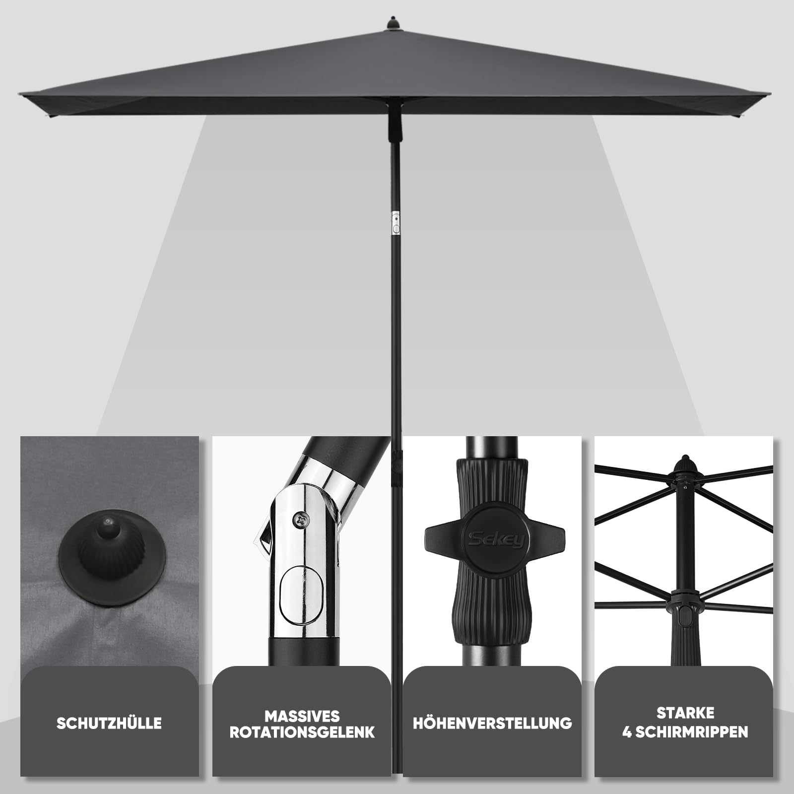 Sekey Ombrellone Parasole, per Giardino, terrazza, Protezione Solare UPF50+, Rettangolare