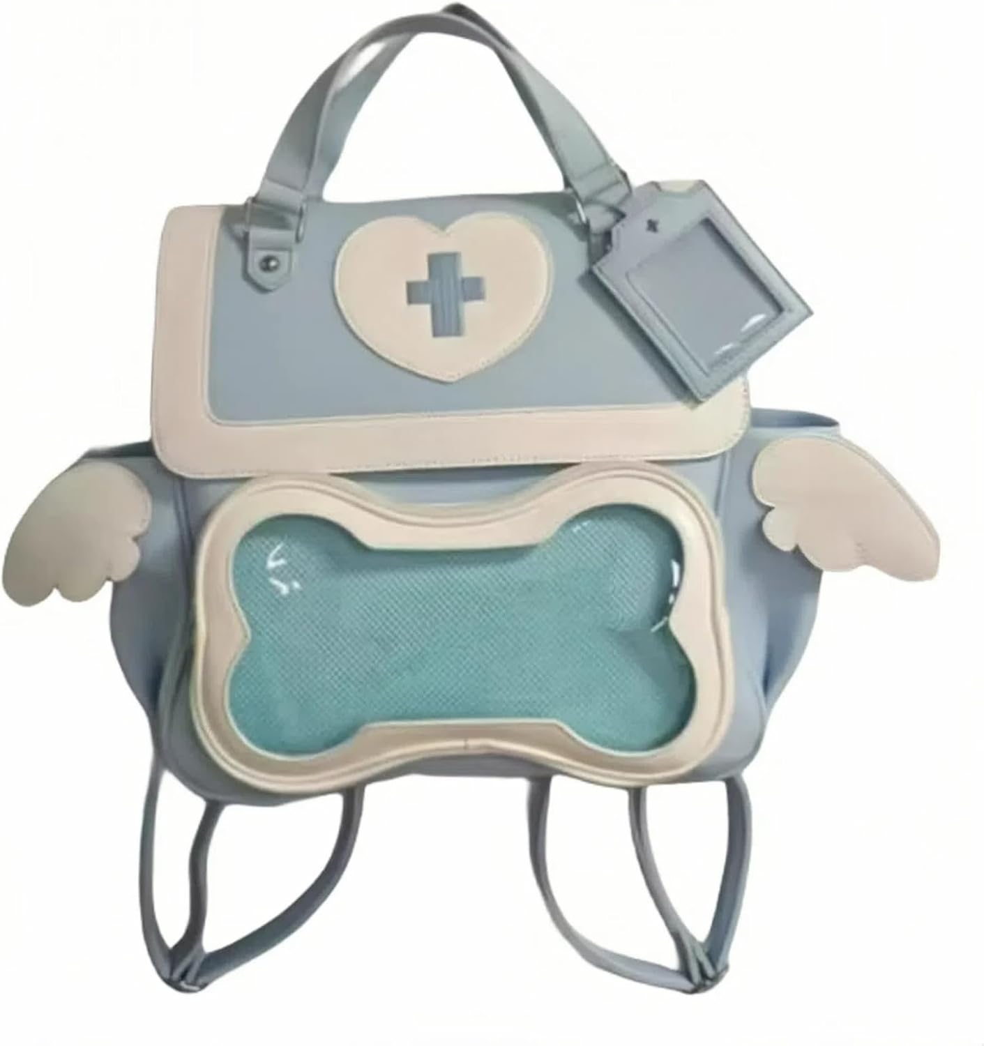 Cute Puppy Bone Ita Bag Y2k Aesthetic Cute Backpack Waterproof PU Leather Backpack Cross and Angel Wings Ita Bag (Llight blue)