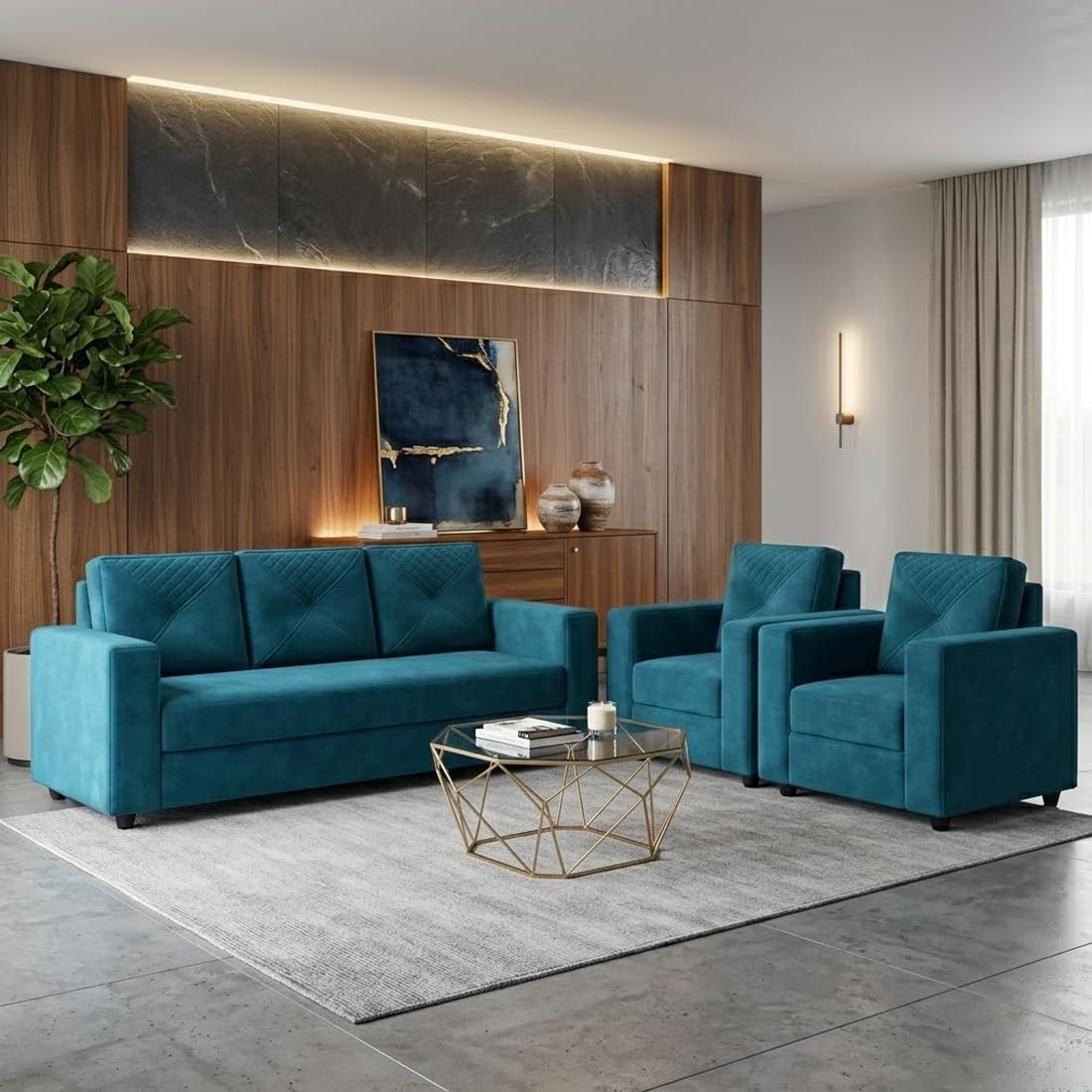 Alvaro Elvawood 5 Seater Velvet Fabric Sofa Set (3+1+1) for Living Room, Modern Wooden Sofa Furniture for Home, Office & Lounge, Premium Comfortable Seating - Ocean Green-image-47