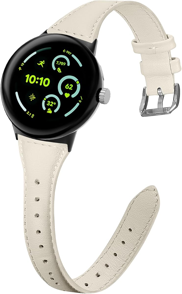 Slim Leather Compatible with Google Pixel 4/3 45mm Watch Band, Thin Narrow Soft Genuine Leather Adjustable Sport Strap for Pixel 3/4 45mm Women Men