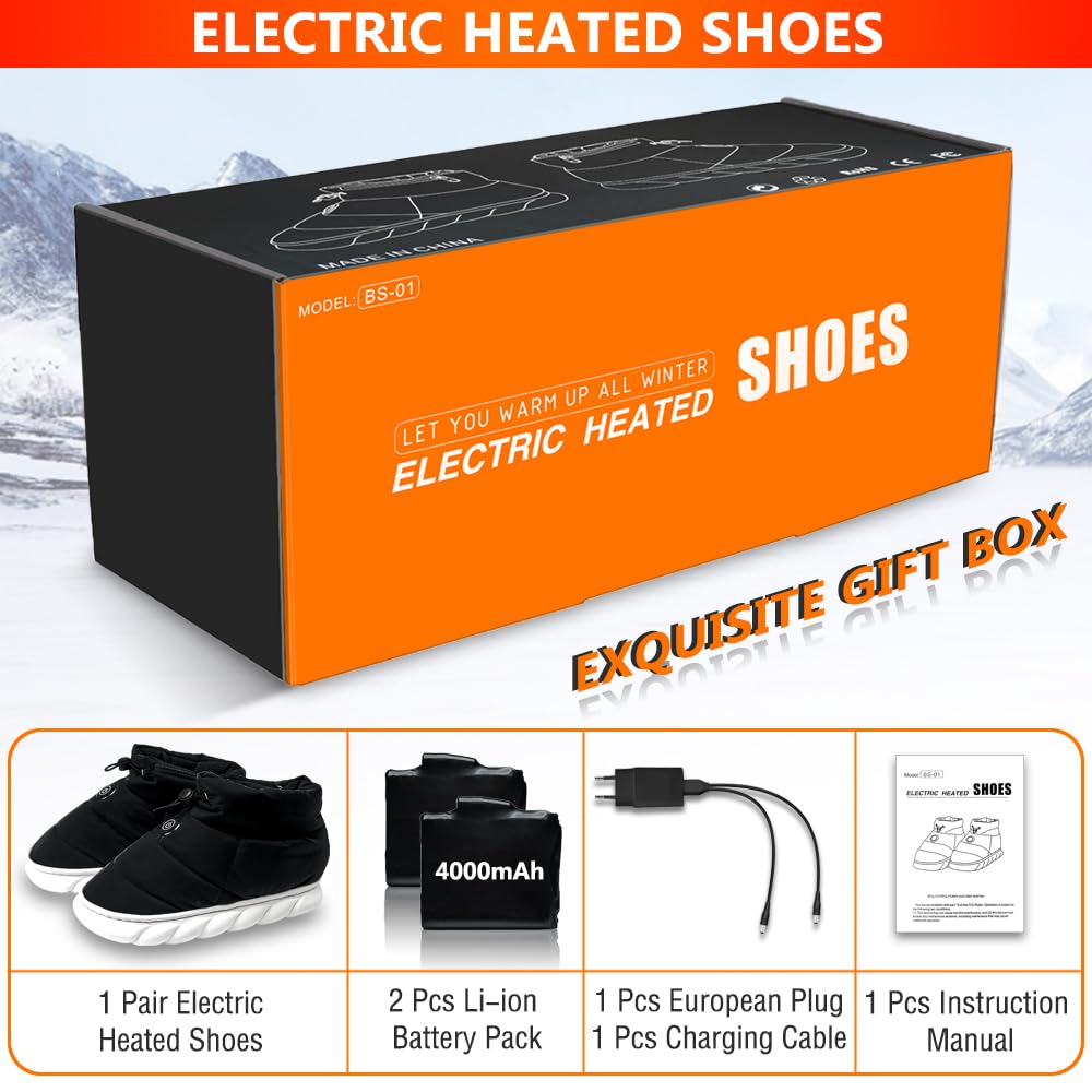 ZONSUSE Zapatos Calefactores Electricos, Zapatillas Calefactables, Calentador de Pies Recargables,3.7V 4000mAh Zapatos Calientes Eléctricos,con 3 Niveles de Calor, con Adaptador UE (40-41)