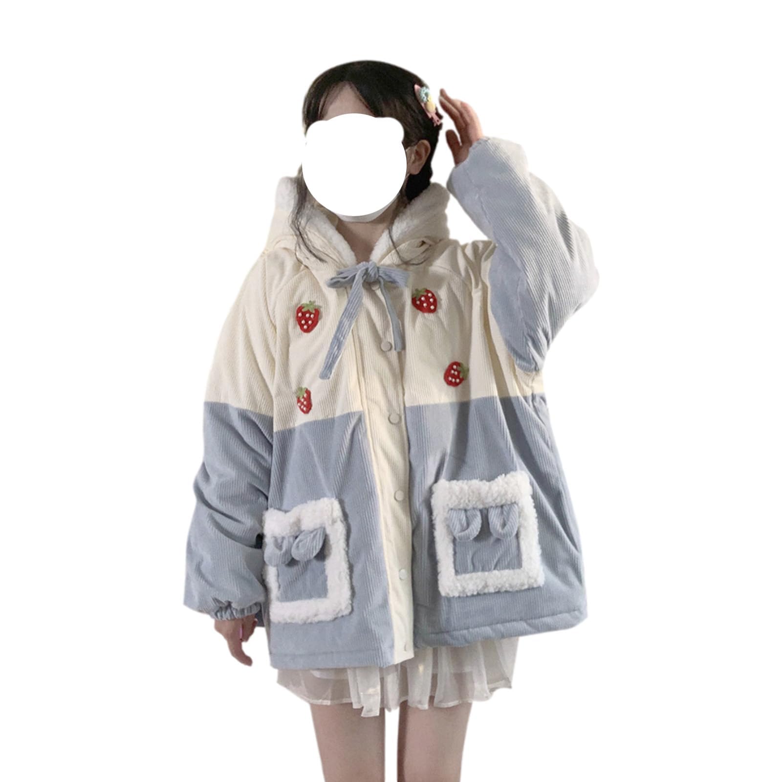 Damen-Winterjacke aus Cord, für Teenager, Mädchen, Oberbekleidung, warm, niedlich, Erdbeere, Reißverschluss, Fleece, flauschig, mit Kapuze, Blau, Größe M, Blau, M