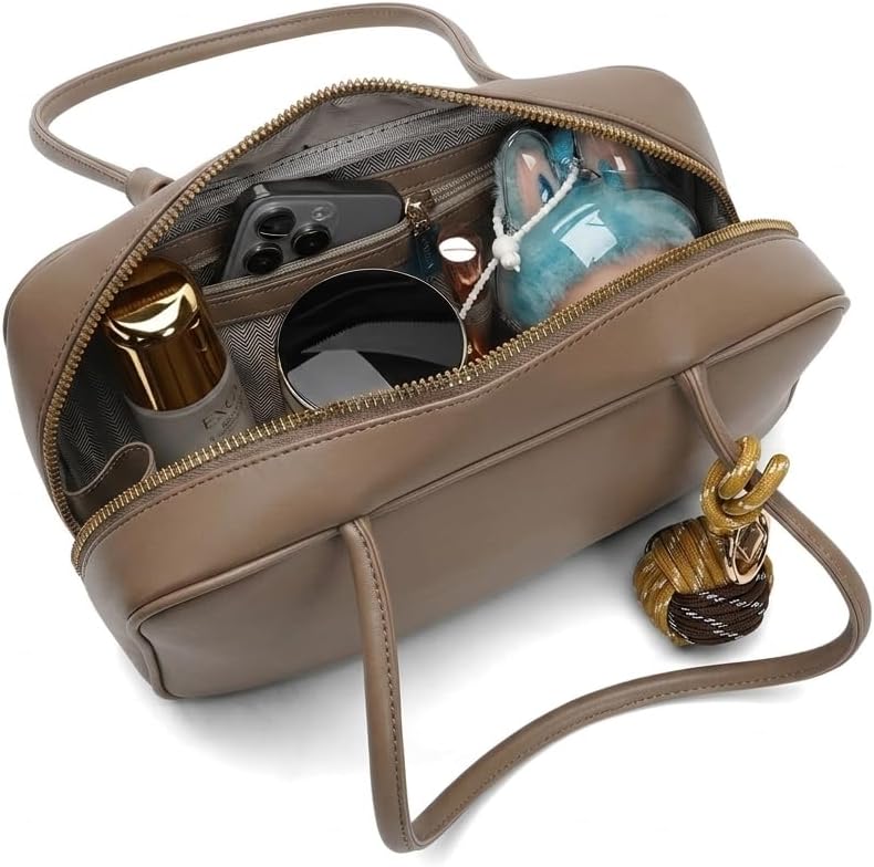 Women’s Retro Shoulder Bag, Lightweight Glossy PU Leather Handbag with Decorative Pendant, Compact Daily Top-Handle Purse