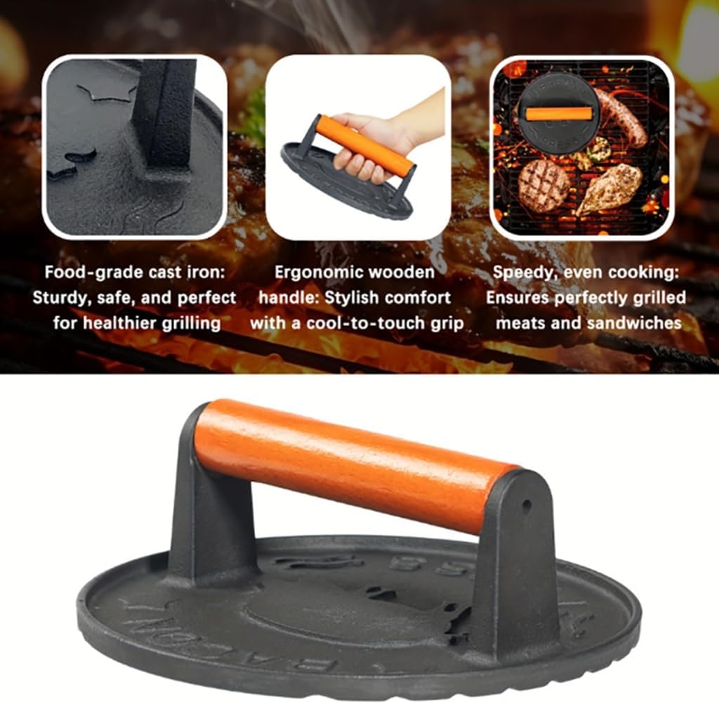 Cast Iron Burger Press Heavy Duty Patty Maker with Wood Handle for Grills and Skillets Cooking Tool