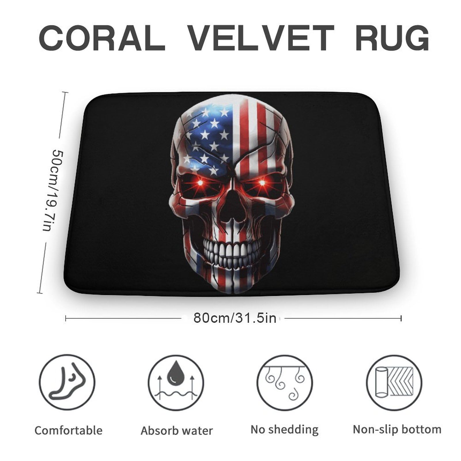 U.S Flag Skull Coral Velvet Rugs Non-Slip Bathroom Rugs Soft Kitchen Rug Floor Carpet for Home Decor 19.7