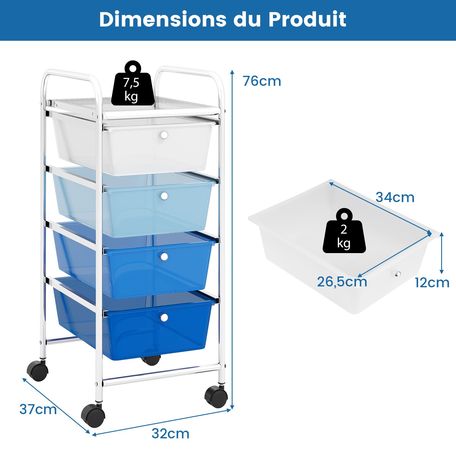 COSTWAY Chariot de Rangement à roulettes avec 4 Tiroirs Plastiques Amovibles, Tour de Rangement à roulettes, Cadre en Métal, Desserte pour Cuisine, Salle de Bain, École (32x37x76cm,Dégradé Bleu)