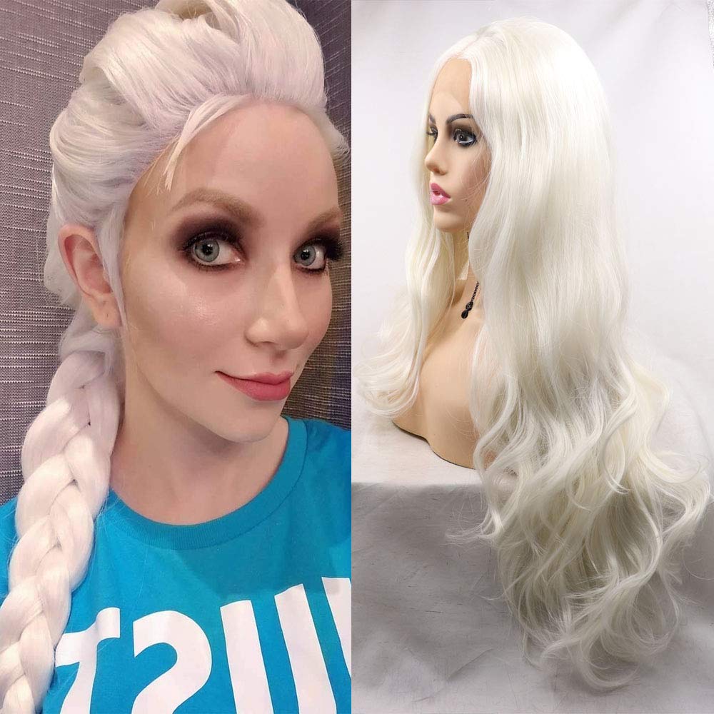60# Platinum Blonde Wig Long Natural Curly Wavy Healthy Real Glueless Lace Front Wigs for Women Fashion Color Pre Plucked Synthetic Heat Safe Real Hair Wig Drag Cosplay 24 Inch