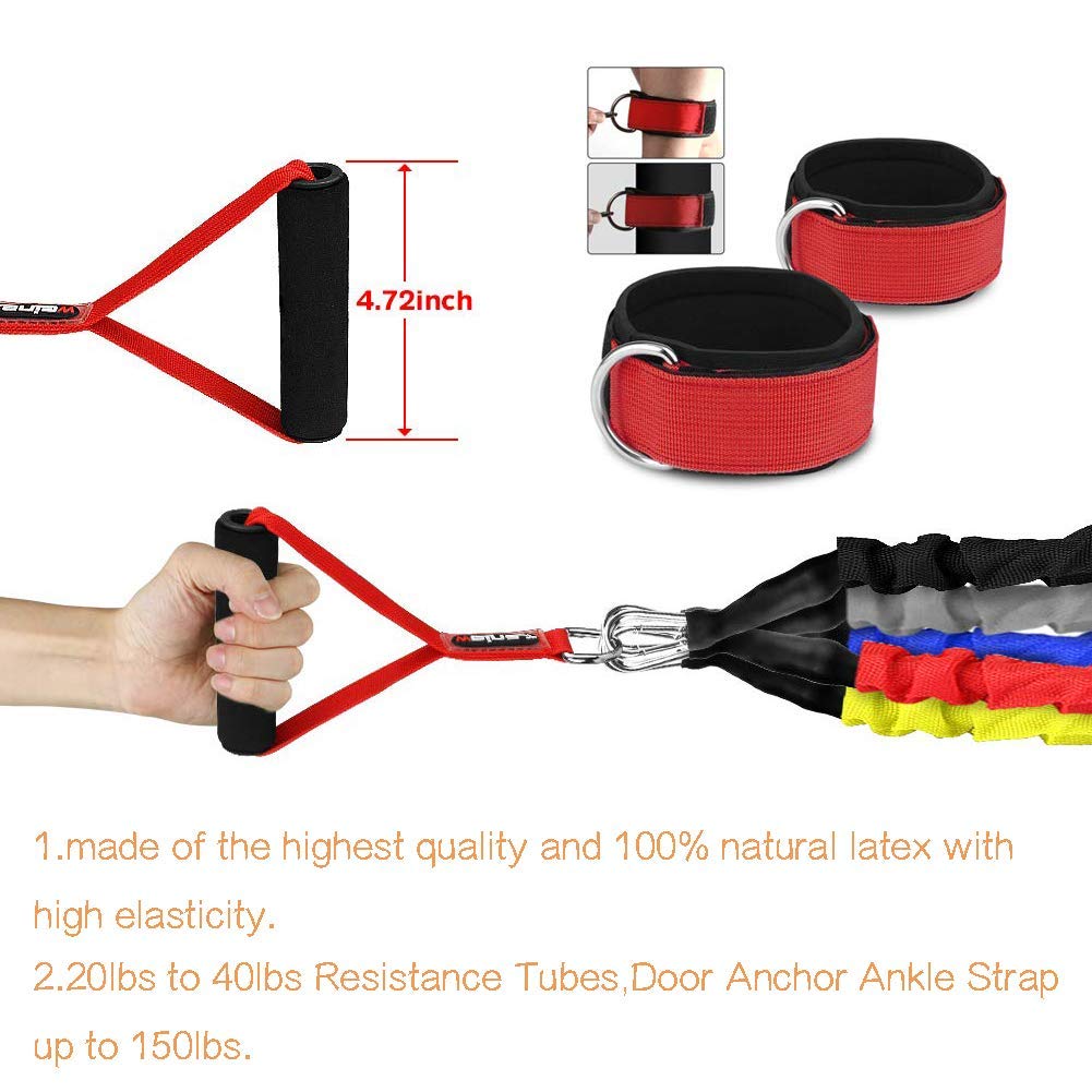 Rocutus - Set di 15 fasce elastiche di resistenza per esercizi, con guaine protettive in nylon anti-scatto, da 9,1 kg a 18,1 kg, cinghie di ancoraggio per porta fino a 68 kg