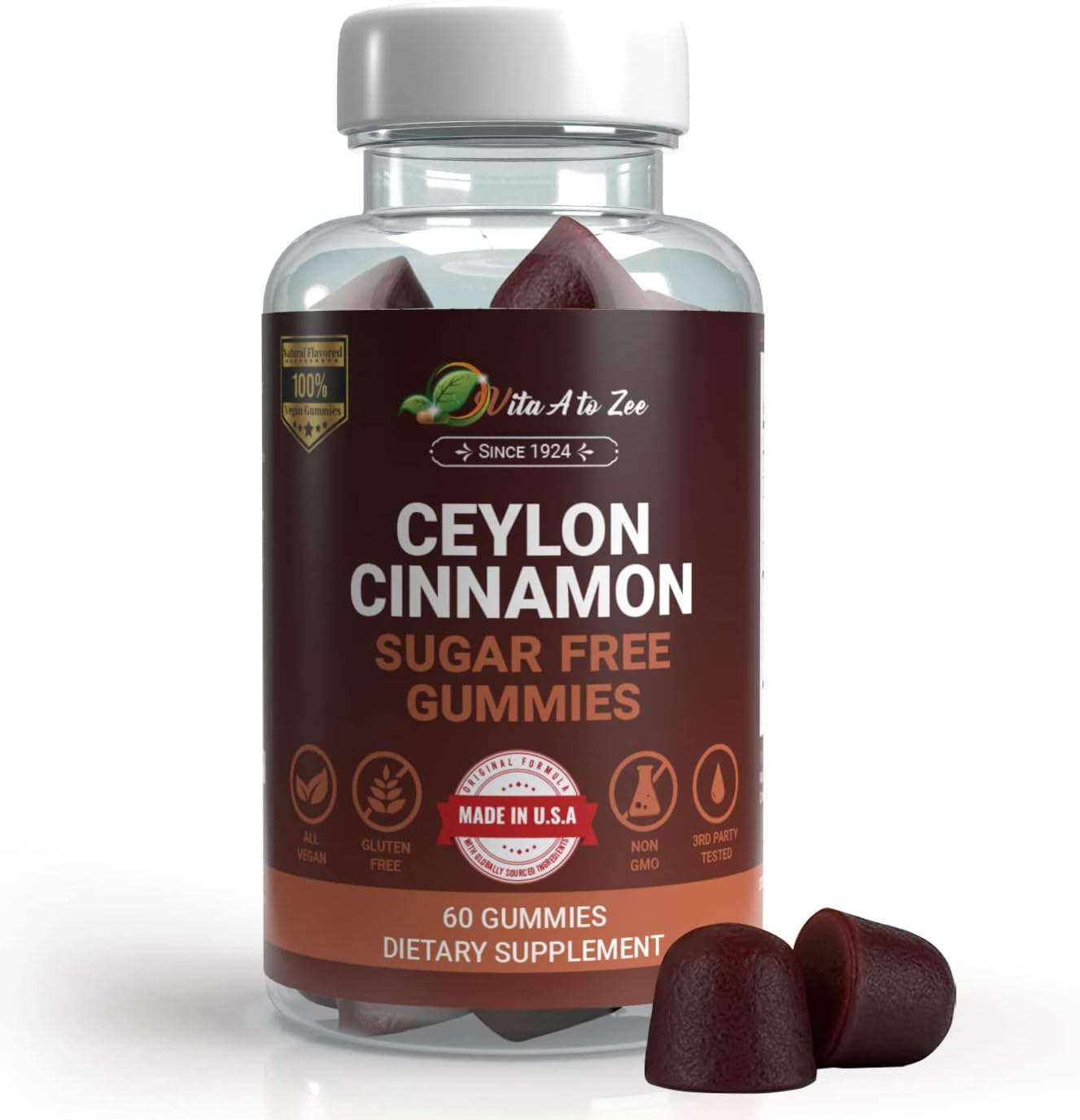 Ceylon Cinnamon Gummies Sugar Free, 60 Count | 2,000 MG | Healthy Blood Sugar Levels, Joint Support, Help Sugar Metabolism | Gluten Free, GMO Free, Vegan
