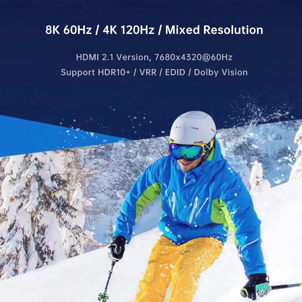 Divisor HDMI 1 en 2 salidas 4K 120Hz 8K 60Hz, HDMI 2.1 divisor compatible con HDCP 2.3, EDID, VRR, HDR10, Dolby, para PS5/4, Xbox, Fire Stick, reproductor Blu-ray, caja de sincronización Hue, etc