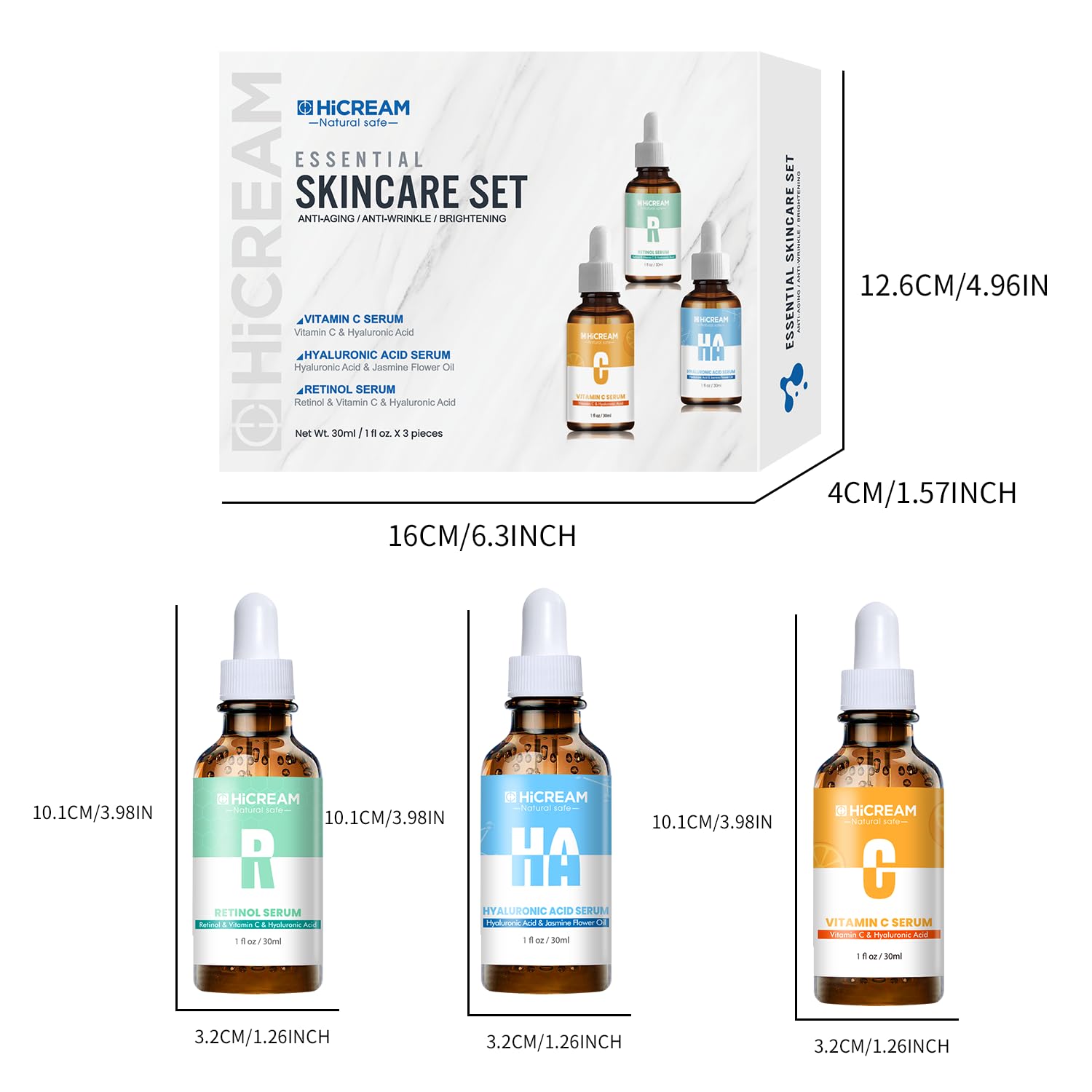 Face Serum Set 3-Pcs Set, Includes Vitamin C, Hyaluronic Acid & Retinol - Skin Care Set for Brightening, Firming, Hydrating - Facial Skin Care Set for Fine Lines, Dark Spot Corrector - Image 8