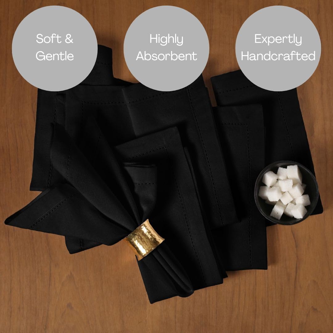 Set of 12 Hemstitch Cloth Dinner Napkins Cotton - Soft Durable Washable - Ideal for Farmhouse Party Wedding Christmas Easter - Perfect Everyday Use Table Linen Cloth Napkins 18x18 Black
