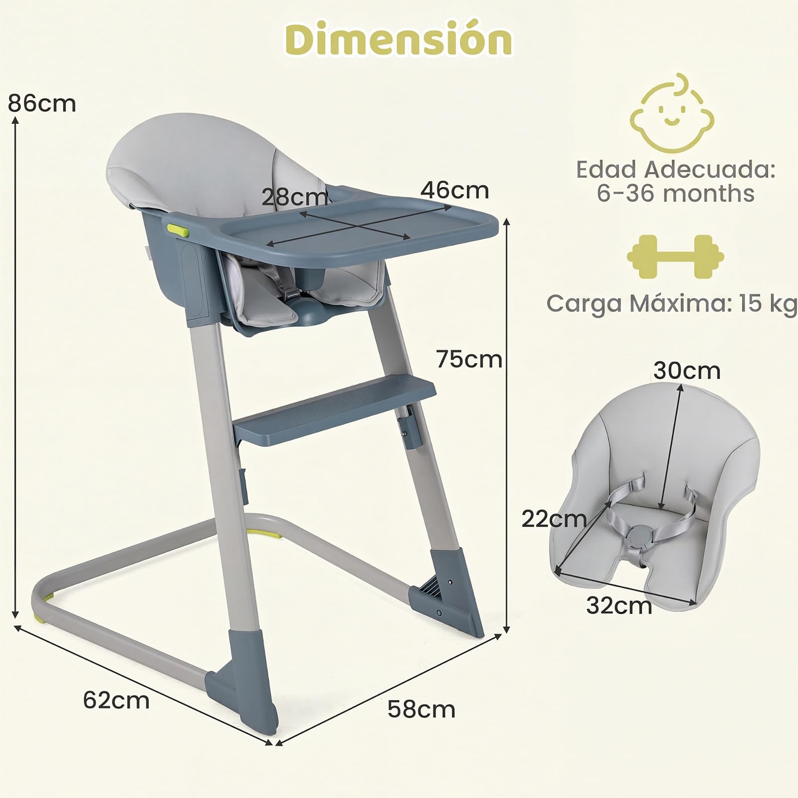 COSTWAY Trona para Bebé, Silla de Comer Alta | con Bandeja Extraíble y Ajustable, Arnés de Seguridad, Reposapiés, Estructura de Metal, Asiento Infantil para Hogar, 58 x 62
