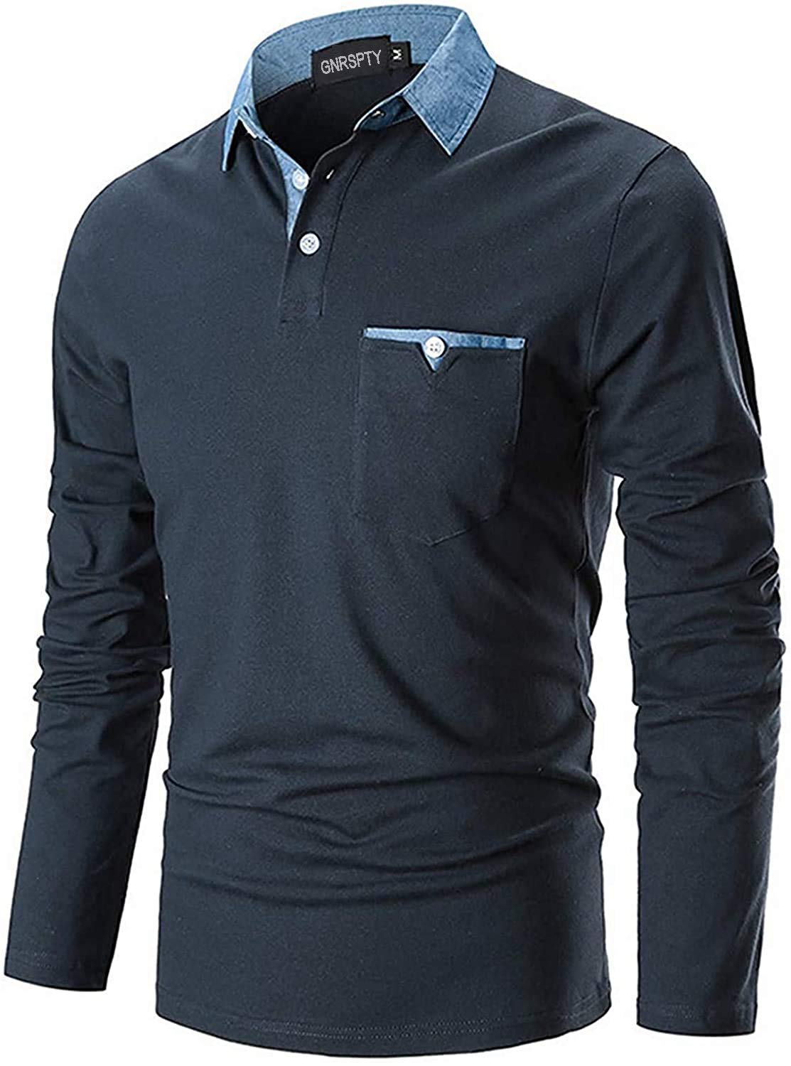 GNRSPTY Polo Manica Lunga Uomo Maglietta Denim Collare Maglia Elegante Cotone T-Shirt Golf Tennis Lavoro Camicia