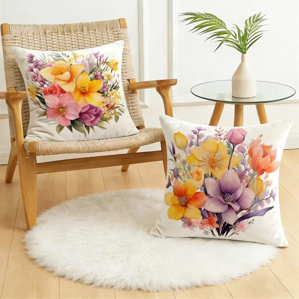 Federe Cuscini Divano 60x60 cm Federe Morbido Copricuscini Primavera in Velluto, 2 Pezzi Copri Cuscini per Divano Moderno Quadrati Decorativi Federa Cuscino Fiori per Camera da Letto Soggiorno (IU47)
