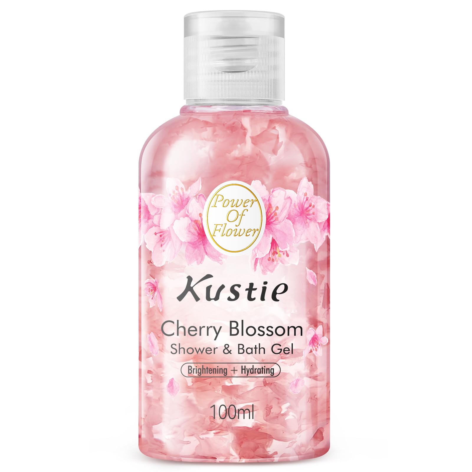 Kustie Cherry Blossom Body Wash Travel Size Moisturizing Shower Gel with Real Flower Petals Niacinamide Hyaluronic Acid Gentle