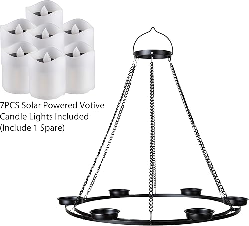 Miniatura 3 de Candelabro solar para exteriores, farol de vela colgante con 7 luces votivas de energía solar en negro mate con acabado de metal para el hogar,