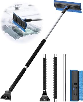 helloleiboo 55.7" Snow Brush and Ice Scrapers for Car Windshield, Blue | Extra Long, Multi-Functional Detachable, Foam Grip, 270 Pivoting Brush Head, For SUV Truck Auto