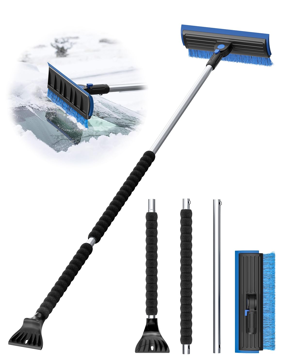 helloleiboo 55.7" Extra Long Detachable Ice Scraper & Snow Brush - Multi-Functional with Pivoting Head (Blue)