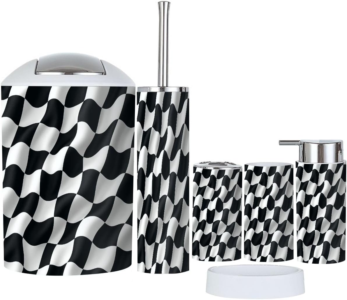 Bathroom Accessory Set 6 Piece Checkered Flag Race Flag Trash Can, Toothbrush Holder, Toothbrush Cup, Toilet Brush, Soap Dispenser, Soap Dish