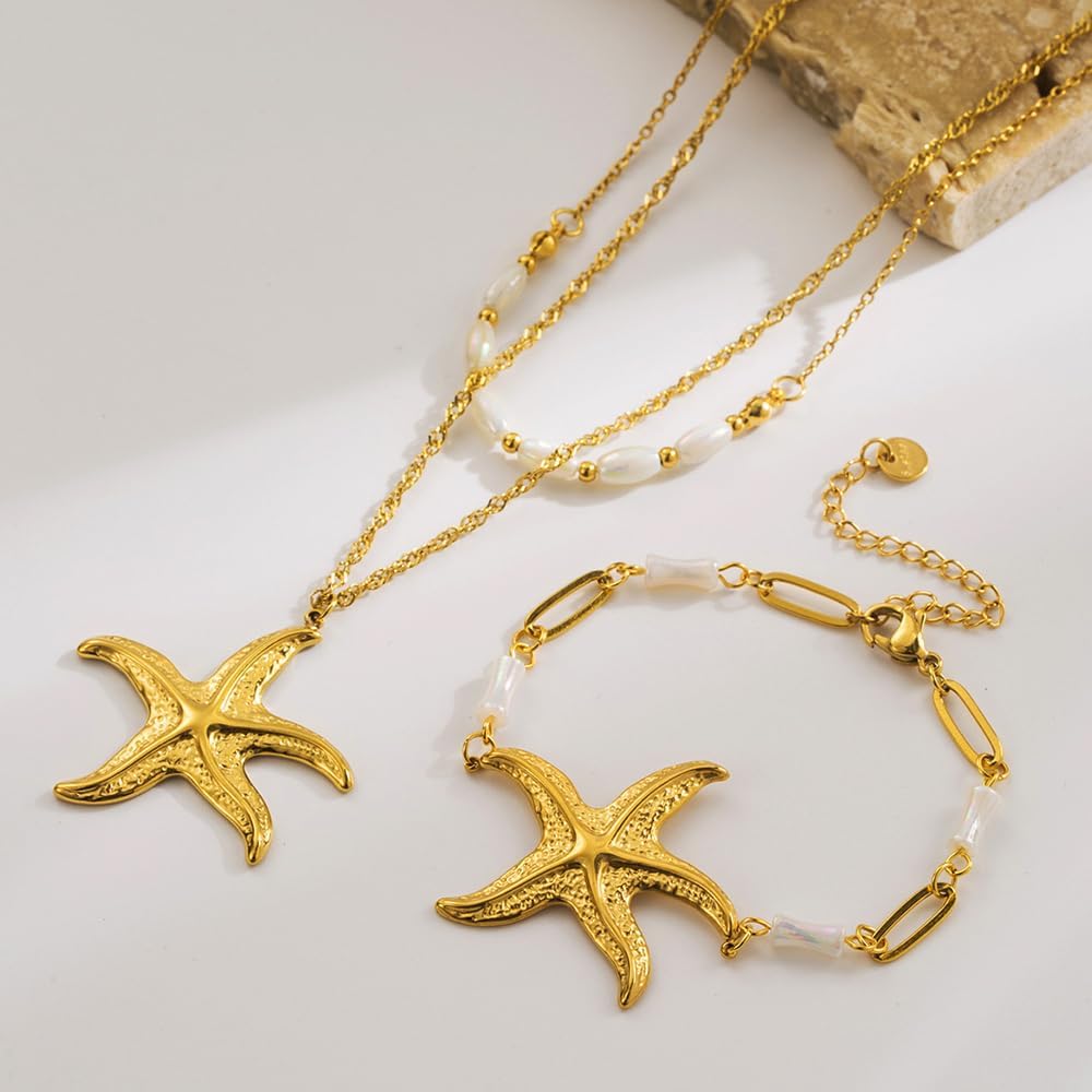 14K Gold Plated Sea Shell Starfish Layer Charm Necklace for Women, Statement Chunky Layered Boho Summer Seashell Necklace Ocean Beach Jewelry Gifts Vacation Summer Outfits for Women - Image 3