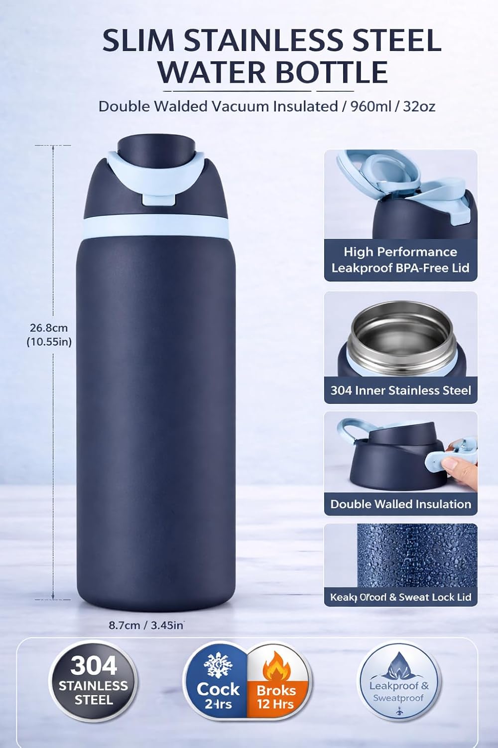 Insulated Stainless Steel Water Bottle with Straw, BPA-Free, Leak Proof, Reusable, for Sports, Modern Style Deep Blue, 32 oz