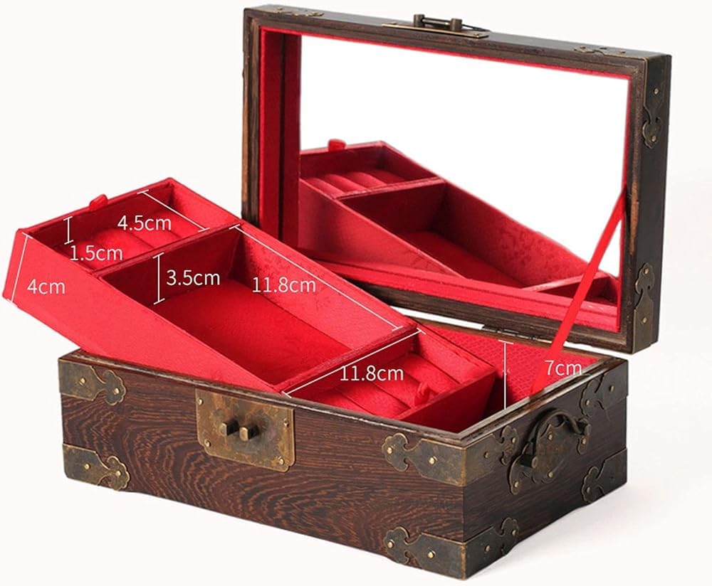 Pudełko na biżuterię, Wooden Jewelry Storage Box Mirror Lock Velvet Lining Brass Latch 25x15x11cm
