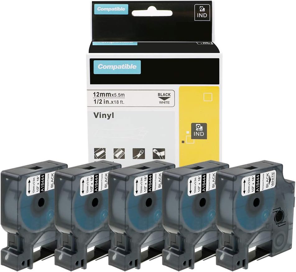 Compatible with Dymo Rhino 5200 4200 Label Tape Replace for 18443 Industrial Permanent Vinyl Labels 9mm for DYMO Rhino Label Maker 5200 4200 6000 5000, 3/8" x 18", Black on White, 5-Pack