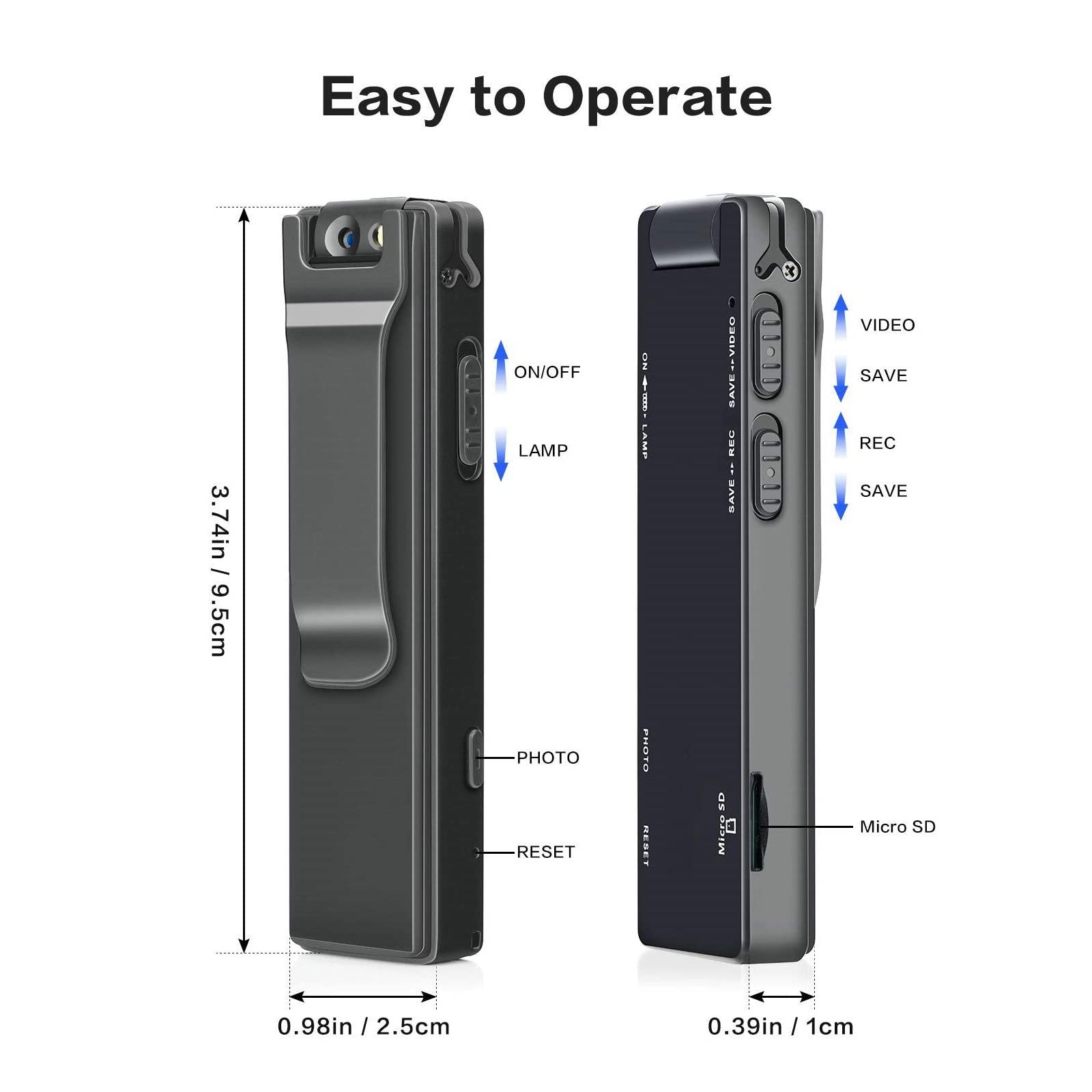 Action Cam, Mini videocamera Digitale Magnetica Torcia HD Micro Body Cam Webcam Motion Detection Snapshot Registrazione in Loop Videocamere,All'aperto, Sport, Video(Without TF Card)