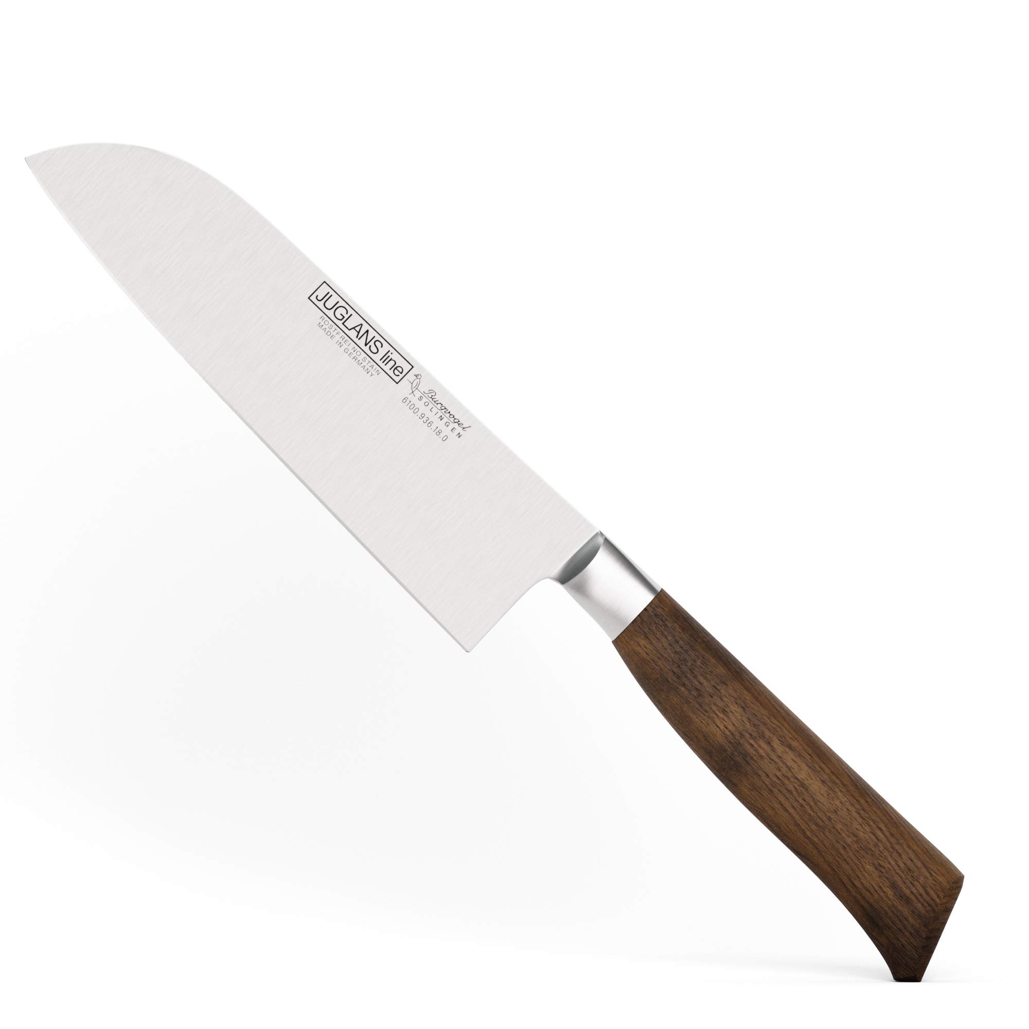 Burgvogel Solingen Juglans Line Santokumesser Walnussholz 18 cm, rostfrei, Japanisches Kochmesser scharf geschmiedet, dunkel, premium, klein, Braun Rot