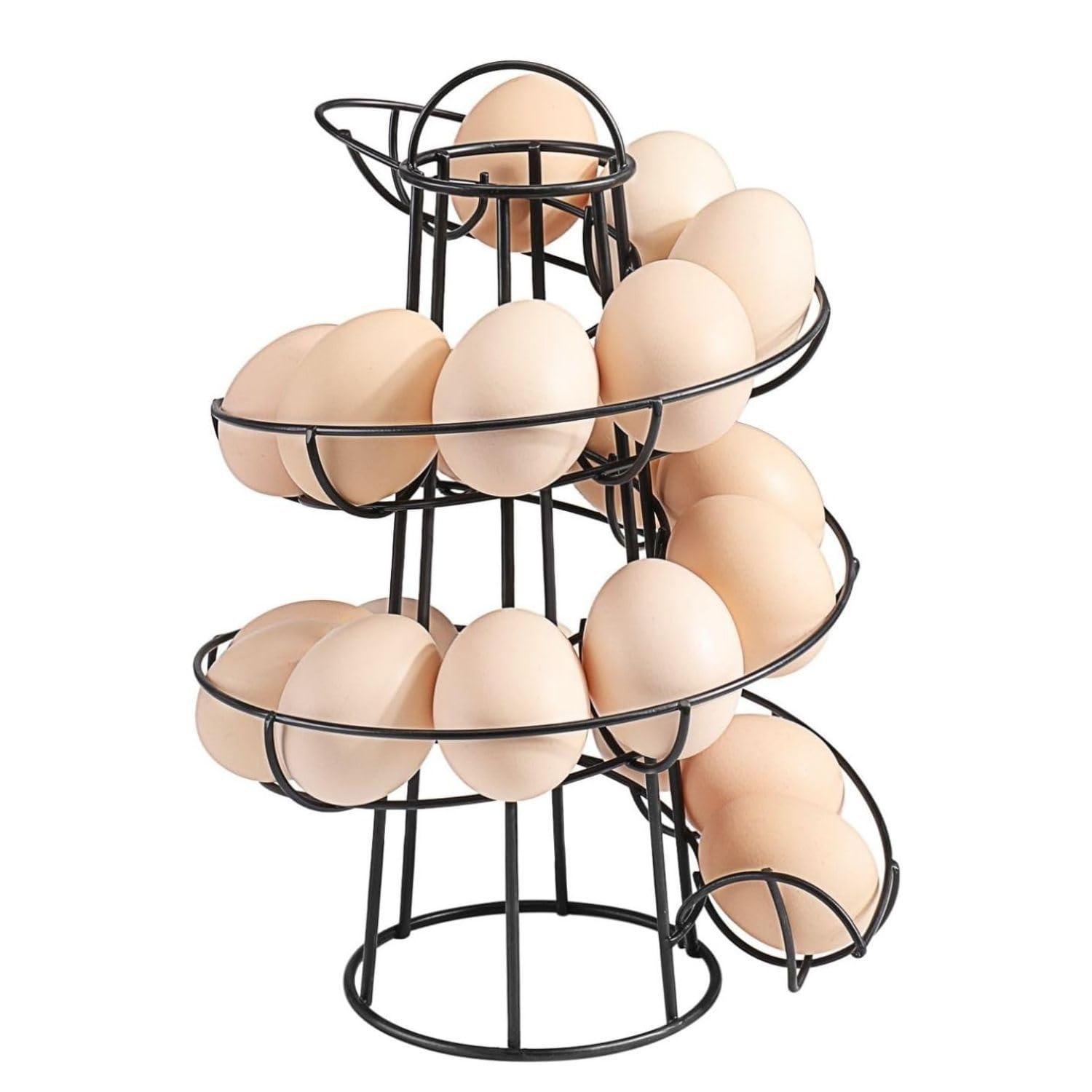 Flexzion Spiral Egg Rack for Fresh Eggs (Medium Egg Display) - Modern Egg Skelter Freestanding Wired Countertop Egg Holder for Fresh Eggs, Dispenser Stand, Storage Rack for Kitchen, Black