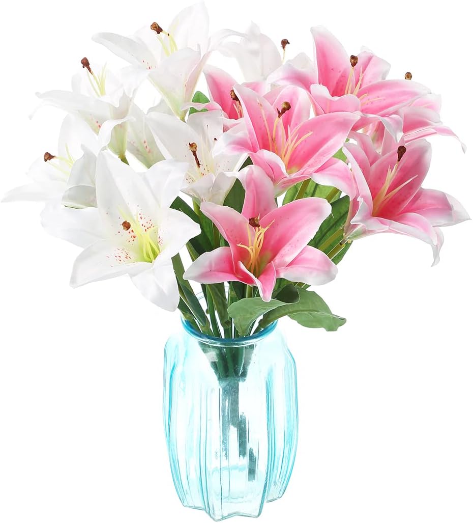 Artificial Lilies Flowers 2 Bouquets Fake Silk Full Bloom