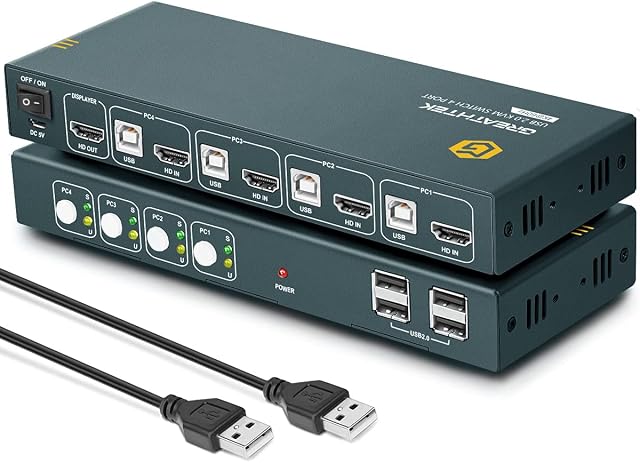 KVM Switch HDMI USB 4 Port 4K, 4 USB2.0, 4K @60Hz, KVM Switch 4 PC 1 Monitor, HDMI 2.0, HDCP2.2, YUV 4: 4: 4, with Cable, Support Wireless Keyboard and Mouse,Button Switch