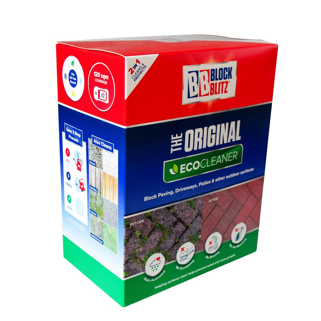 Block Blitz Block Paving Eco Cleaner. Removes and Prevents Algae, Moss, and Black Spot. Deters Weed Growth for up to 6 Months. 8x Pouches. Treats 120 sq/m.