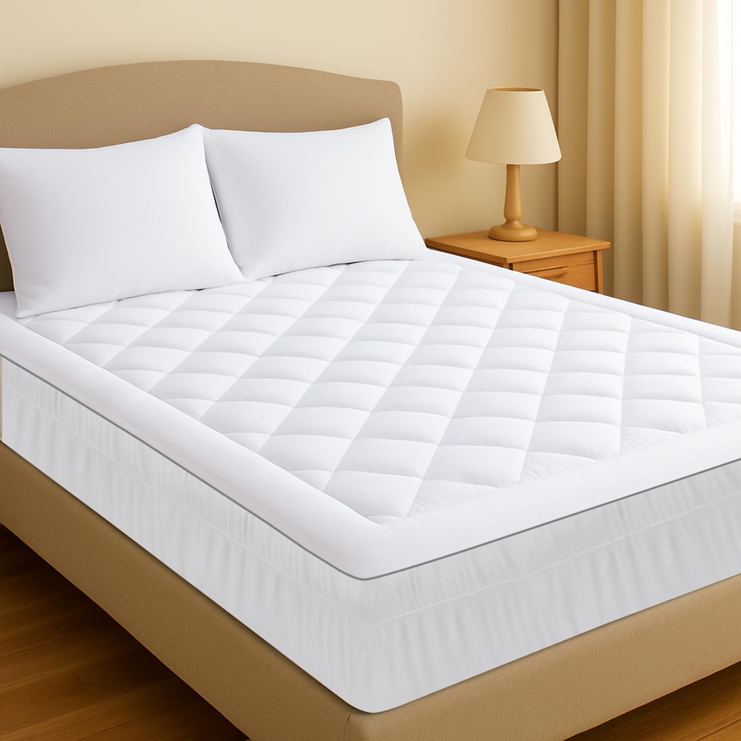 Acrali Home Quilted Mattress Topper Kingsize Bed, UltraSoft 100% Virgin Hollow 6cm Fiber Filling, NonSlip Deep 40cm Fitted Skirt Hypoallergenic, Breathable, Luxury Hotel Quality Feel for Restful Sleep