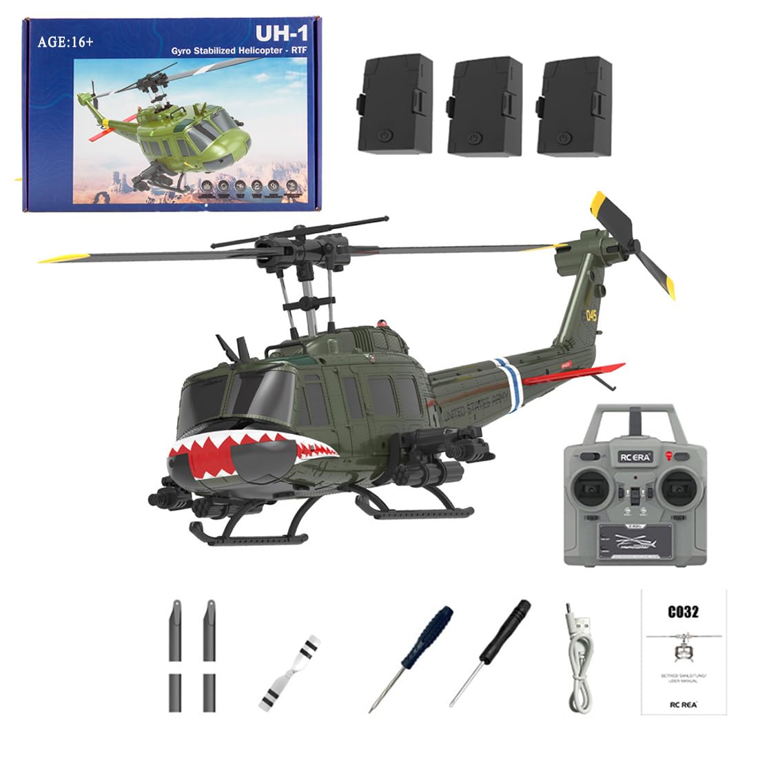 Wodoochey C032 UH-1 Huey RC Helicopter for Adults - 1/48 Scale 2.4G 6CH Flybarless Remote Control Helicopter Model, 3D Stunt Flight & High-Precision
