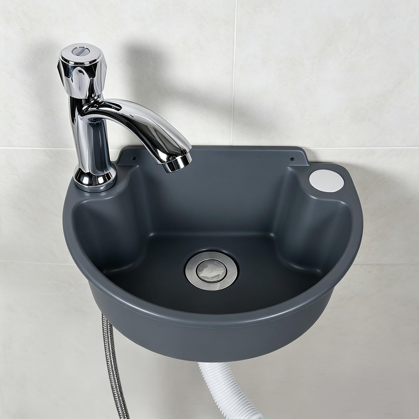 Mini Floating Wall Hung Basin, Small Plastic Cloakroom Sink with Single Cold Tap, Modern Wall Mounted Wash Basin for Bathroom Small Space Outdoor Use, Self-Adhesive & Drilling 2-Way Mount (Grey)