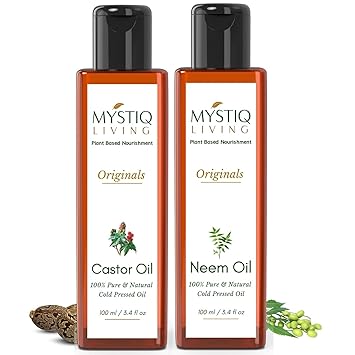 Mystiq Living Originals Combo - Castor Oil & Neem Oil| For Hair & Skin Care | Cold Pressed, 100% Pure & Natural - 200 ML (Pack of 2) - 100 ML Each