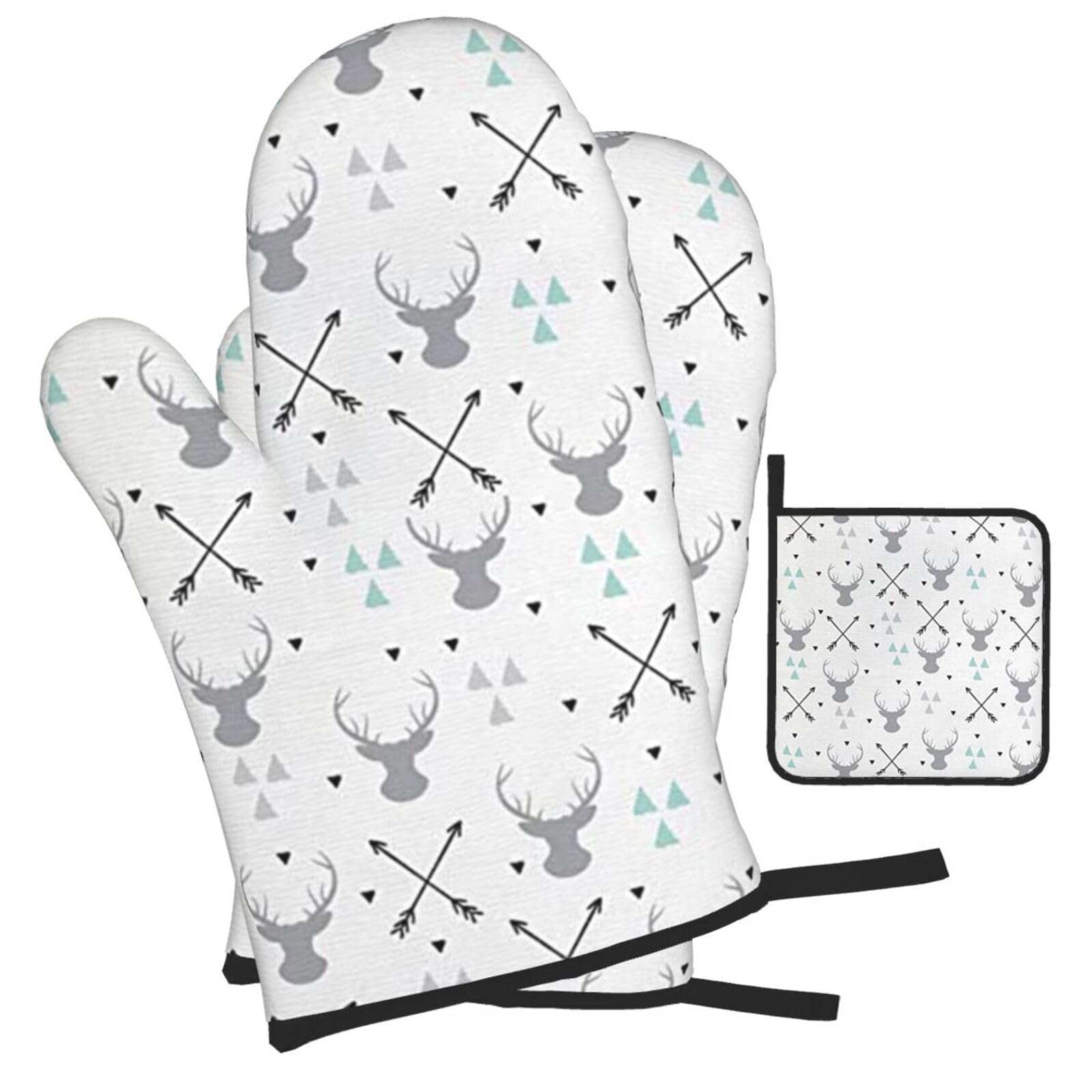 Hunting Arrows Triangles Deer Printed Oven Mitts and Pot Holders Heat Resistant Set of 3 Pcs, Modern Kitchen Gloves & Potholders for Cooking Baking Grilling