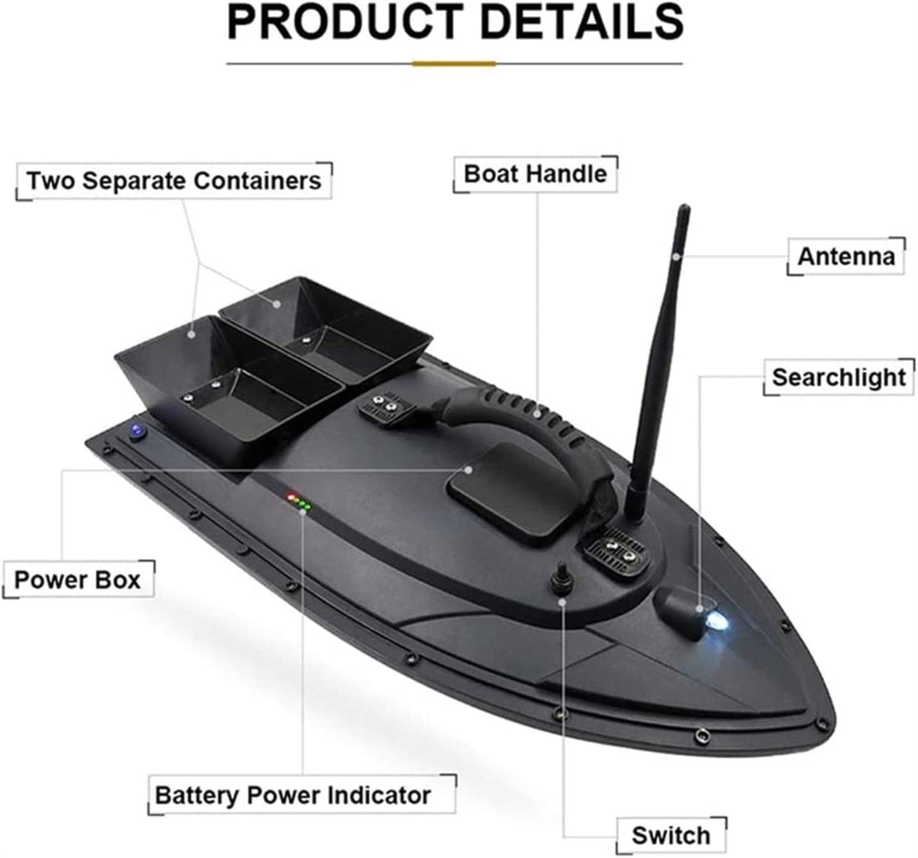 Barco de Cebo de Pesca, buscador de Pescado de Botes de Cebo con Accesorios de Pesca de Pesca de Doble Motor Regalos de Pesca para Hombres, Negro